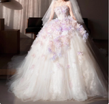 White Strapless Pink and Purple Floral Tulle Floor-Length Wedding Dress HZ1022