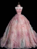 Princess Pink Strapless Floral Tulle Floor-Length Wedding Dress HZ1022