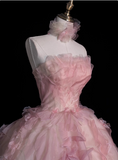 Princess Pink Strapless Floral Tulle Floor-Length Wedding Dress HZ1022