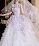 Strapless Pink and Purple Floral Tulle A-Line Floor-Length Wedding Dress HZ1022