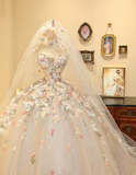Dreamy White Heart-Shaped Collar Floral Tulle Princess A-Line Floor-Length Wedding Dress HZ1022