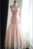 Elegant Slim-Fit Fishtail Pink Satin Mesh Floral Strapless Wedding Dress HZ1022