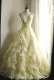 Soft light yellow floral beaded halter neck layered pleated puffy wedding dress HZ1022