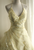 Soft light yellow floral beaded halter neck layered pleated puffy wedding dress HZ1022