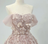 Princess Pink One Shoulder Lace Floral A-Line Wedding Dress HZ1022