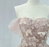 Princess Pink One Shoulder Lace Floral A-Line Wedding Dress HZ1022