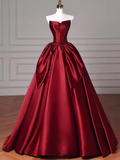 Simple A Line Strapless Burgundy Floor Length Prom Dress HZ1022