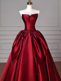 Simple A Line Strapless Burgundy Floor Length Prom Dress HZ1022