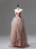 A line Pink Corset Long Tulle Prom Dress With Ruffles HZ1022