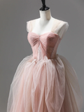 A line Pink Corset Long Tulle Prom Dress With Ruffles HZ1022