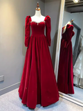 A Line Long Sleeves Red Velvet Prom Dresses HZ1022