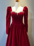 A Line Long Sleeves Red Velvet Prom Dresses HZ1022