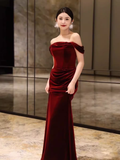 Sheath Strapless Red Velvet Prom Dresses Evening Dress HZ1022