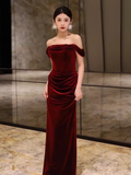 Sheath Strapless Red Velvet Prom Dresses Evening Dress HZ1022