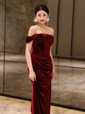 Sheath Strapless Red Velvet Prom Dresses Evening Dress HZ1022