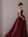 Ball Gown Strapless Burgundy Satin Prom Dresses Evening Dress HZ1022
