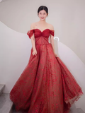 Ball Gown Strapless Burgundy Tulle Prom Dresses Evening Dress HZ1022