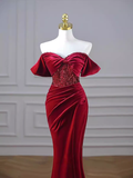Mermaid Strapless Burgundy Velvet Prom Dresses Evening Dress HZ1022