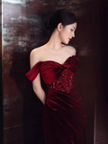 Mermaid Strapless Burgundy Velvet Prom Dresses Evening Dress HZ1022