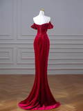 Mermaid Strapless Burgundy Velvet Prom Dresses Evening Dress HZ1022