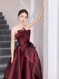 Ball Gown Strapless Burgundy Organza Prom Dresses Evening Dress HZ1022