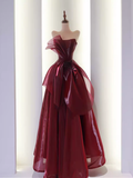 Ball Gown Strapless Burgundy Organza Prom Dresses Evening Dress HZ1022