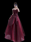 Ball Gown Strapless Burgundy Organza Prom Dresses Evening Dress HZ1022