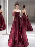 Ball Gown Strapless Burgundy Organza Prom Dresses Long Evening Dress HZ1022