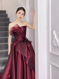 Ball Gown Strapless Burgundy Organza Prom Dresses Long Evening Dress HZ1022