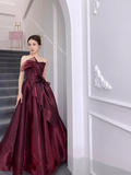 Ball Gown Strapless Burgundy Organza Prom Dresses Long Evening Dress HZ1022