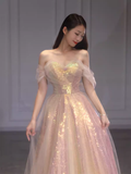 A Line Strapless Sequin Pink Prom Dresses Long Evening Dress HZ1022