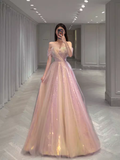 A Line Strapless Sequin Pink Prom Dresses Long Evening Dress HZ1022