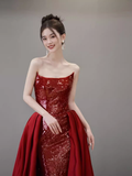 Mermaid Strapless Sequin Red Prom Dresses Long Evening Dress HZ1022