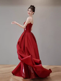 Mermaid Strapless Sequin Red Prom Dresses Long Evening Dress HZ1022