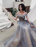 A line Off The Shoulder Gray Prom Dresses Long Evening Dress HZ1022
