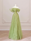 A Line Off the Shoulder Green Tulle Long Prom Dresses HZ1022