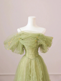 A Line Off the Shoulder Green Tulle Long Prom Dresses HZ1022
