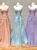 One Shoulder Pink/Blue/Purple Lace Floral Long Prom Dresses HZ1022
