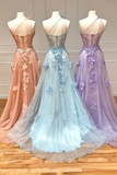 One Shoulder Pink/Blue/Purple Lace Floral Long Prom Dresses HZ1022