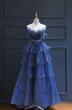 A line Royal Blue Tulle Beaded Long Senior Prom Dress HZ1022