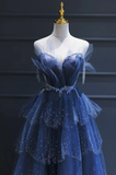 A line Royal Blue Tulle Beaded Long Senior Prom Dress HZ1022
