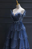 A line Royal Blue Tulle Beaded Long Senior Prom Dress HZ1022