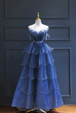 A line Royal Blue Tulle Beaded Long Senior Prom Dress HZ1022