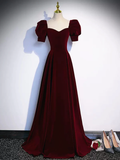 Cute Short Sleeves Burgundy Long Prom Dresses HZ1022