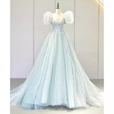 Pretty Ball Gown Square Neckline Short Sleeves Long Evening Party Dress Prom Dresses HZ1022