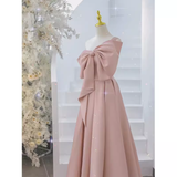 Pretty A line One Shoulder Pink Satin Long Evening Party Dress Prom Dresses With Bowknot HZ1022