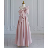 Pretty A line One Shoulder Pink Satin Long Evening Party Dress Prom Dresses With Bowknot HZ1022