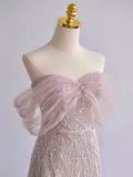 Pretty A line Off The Shoulder Pink Sequin Long Evening Party Dress Prom Dresses With Beads HZ1022