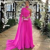 Elegant Long Chiffon Hot Pink Evening Dresses With Cape A-Line One Shoulder Prom Dress HZ1022